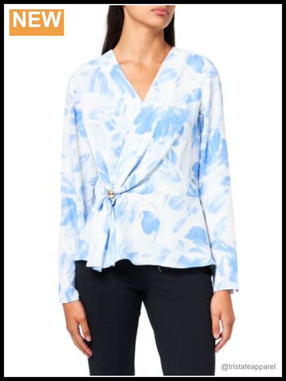 Halston Women's Long Sleeve Faux Wrap V-Neck Printed Top 100% Polyester